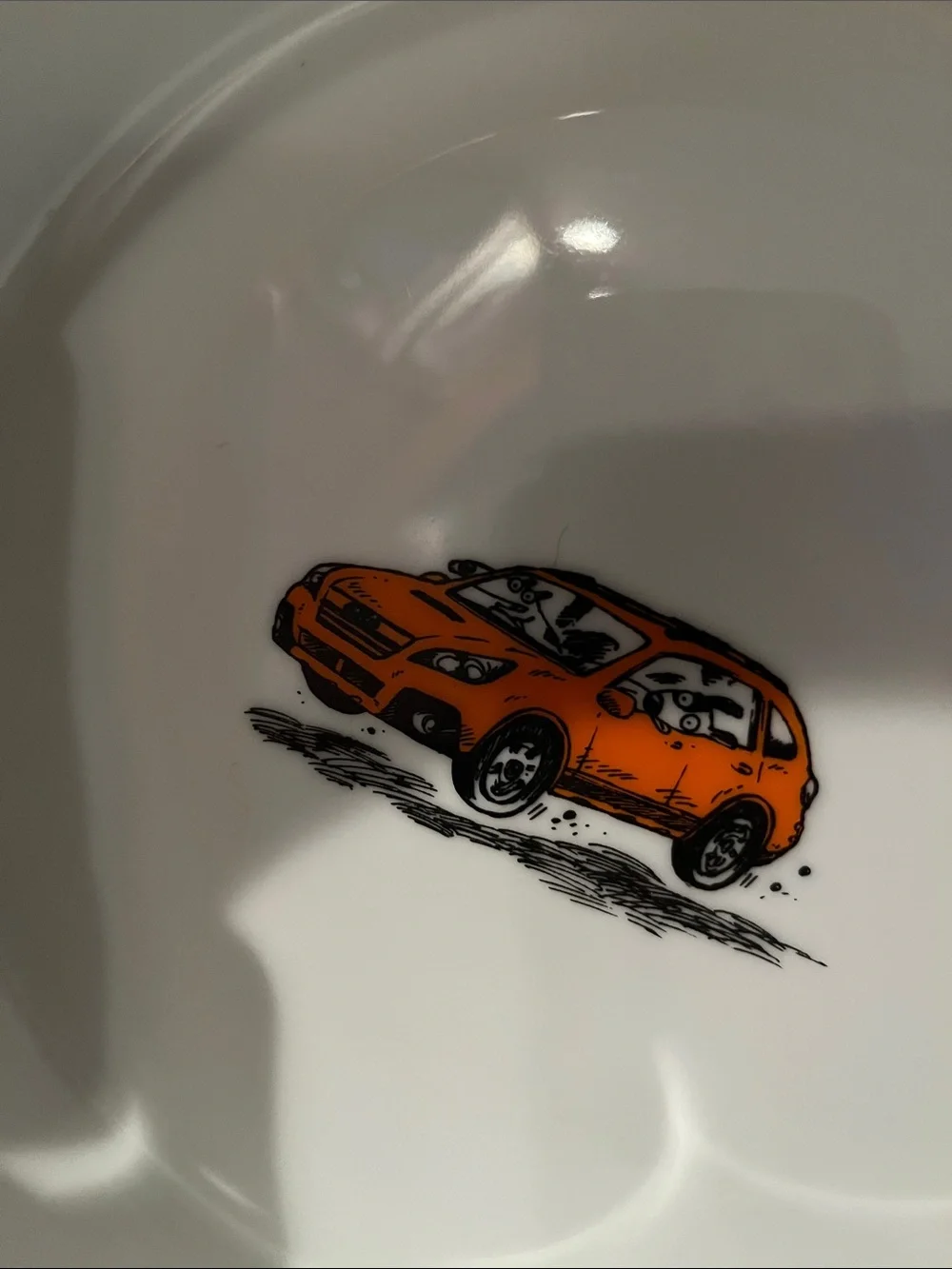 White Ceramic dog dish Bowl with Orange Car Accent and dogs